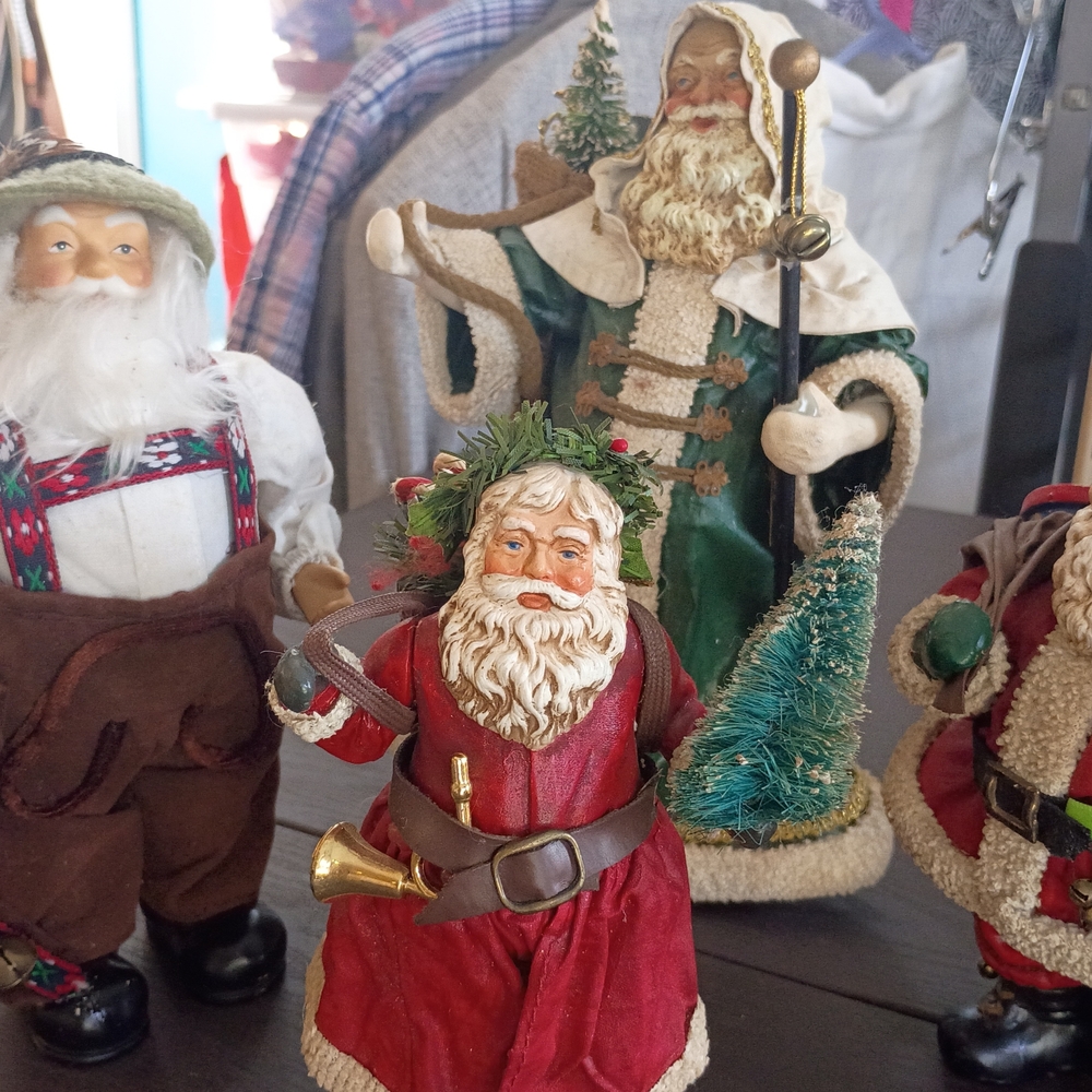 Vintage Santa Claus Figurine Collection Of 4. Featuring Cloth Garments!!!
